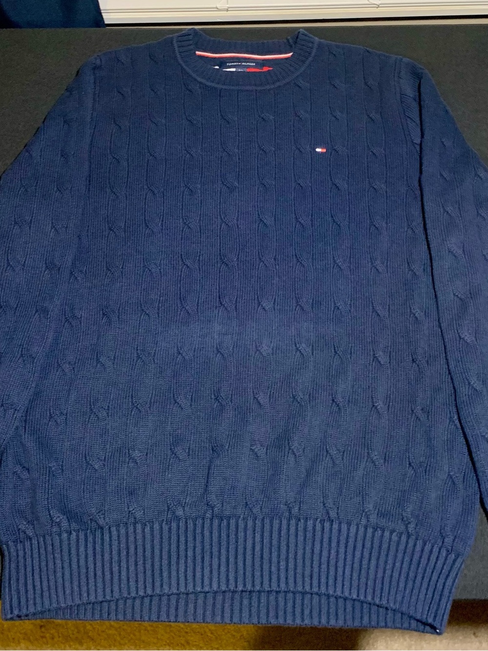 Tommy Hilfiger Mens L Navy Cable Knit 100% Cotton Sweater Flag Logo Preppy